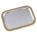Thumbnail image #1 for Alegacy Foodservice Products 59034 Rectangular Stainless Steel Cater Tray, 23-1/4 x 14 in, Handles, High Rim, Gold Trim Case of 12