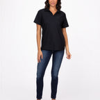 Thumbnail image #1 for Chef Works Z650W-BLK-L Women's Short-Sleeve Collared Polo Shirt, Button Front, 100% Spun Polyester, Black, Large
