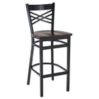 Thumbnail image #1 for G & A Commercial Seating 699-B SS Commercial Bar Stool, Double X-Back, Solid Wood Saddle Seat, Black Steel Frame, Footrest