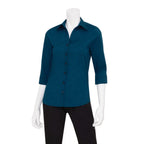Thumbnail image #1 for Chef Works Finesse WA34-BLU-S Women's Fitted Chef Shirt, Blue, 3/4 Sleeve, Small