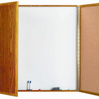 Thumbnail image #1 for AARCO Products OP48 Enclosed Wall-Mounted Planning Board, 48"W x 48"H, Melamine Marker Board, Cork, 1 Swing Door, Oak Laminate