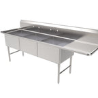 Thumbnail image #1 for ATSMFG MET MET-SEH-24243R ATS MFG 3-Compartment Stainless Steel Sink, 99"W x 30"D x 45"H, Right Drainboard, 24" x 24" x 14" Compartments