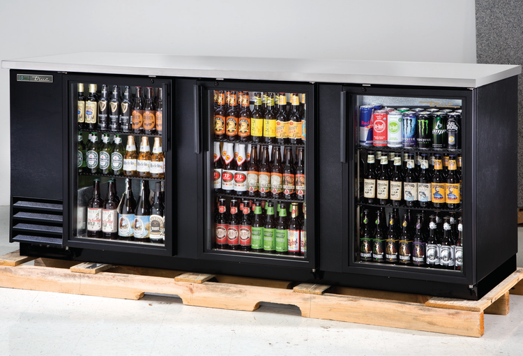 Product image #5 for True TBB-4G-HC-LD Three-Section Back Bar Cooler with 3 Locking Glass Doors and Left-Mounted Condensing Unit