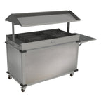 Thumbnail image #1 for Cadco MobileServ CBC-GG-B4 Mobile Grab & Go Merchandising Cart with 2-Sided Shelf, 4 Full-Size Steam Pan Holders & Flip-Up Register Shelf