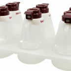 Thumbnail image #1 for TableCraft Products 483 Salad Dressing Dispenser Set with Tray, 6 Dispensers, Maroon Tops, ID Collars & Splash Guards