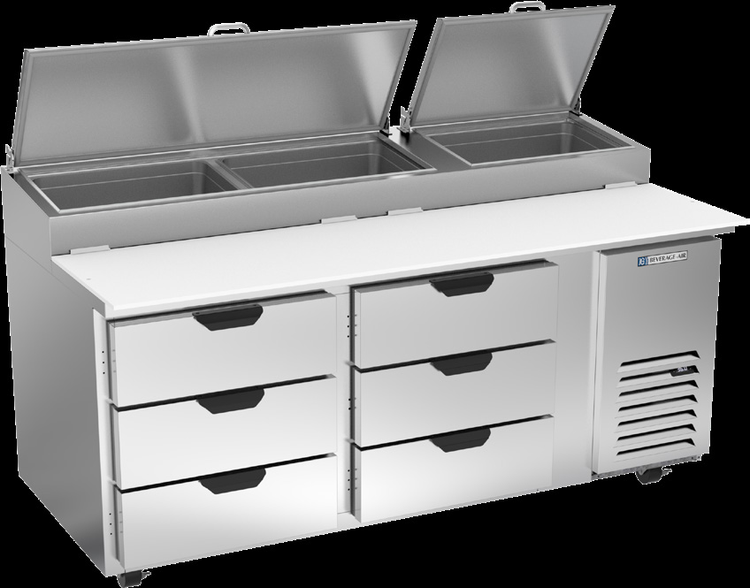 Product image #5 for Beverage-Air DPD72HC-6 Two-Section Deli/Pizza Prep Table Refrigerator with 6 Drawers, 72-Inch Wide