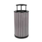 Thumbnail image #1 for Alpine Industries ALP4400-01-GRY-RB 32-Gallon Gray Round Outdoor Trash Container with Slatted Recycled Plastic Panels and Rain Bonnet Lid