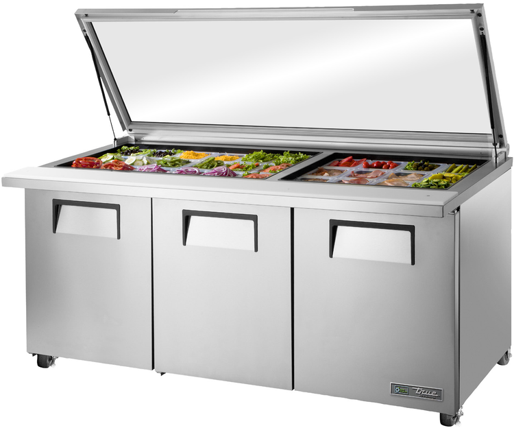 Product image #5 for True Refrigerated Mega Top Sandwich/Salad Prep Table with Flat Glass Lid, 72-Inch, 3 Solid Doors, 30-Pan Capacity