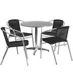 Thumbnail image #1 for Flash Furniture TLH-ALUM-32RD-020BKCHR4-GG Round Stainless-Steel-Top Table with 4 Black Rattan Stacking Chairs