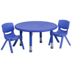 Thumbnail image #1 for Flash Furniture YU-YCX-0073-2-ROUND-TBL-BLUE-R-GG Preschool Activity Table Set with 2 Blue Stacking Chairs, 33" Round, Adjustable Height