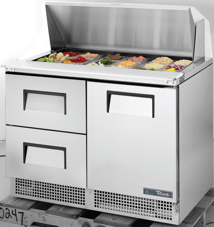 Product image #5 for True 48-Inch Two-Section Refrigerated Sandwich/Salad Prep Table with 1 Door, 2 Drawers and 18 Top Pans