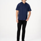 Thumbnail image #1 for Chef Works BCSZ009-NAV-L Men's Navy Short-Sleeve Chef Coat, Zipper Front, Poly/Cotton Blend, Large