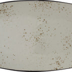 Thumbnail image #1 for International Tableware Splash™ SH-14-CR Rectangular Stoneware Platter, 13-3/4"L x 7-3/8"W, Reactive Glaze, Crème with Dark Brown Trim 1 Dozen