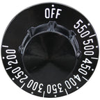 Thumbnail image #1 for AllPoints Foodservice Parts & Supplies 221216 Oven Thermostat Knob, 2-1/4" OD, 200°–550°F, 1/4"D Stem, Black Plastic
