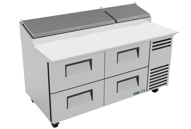 Product image #7 for True 67-Inch 2-Section Pizza Prep Table with 4 Drawers and Self-Contained Side-Mounted Refrigeration