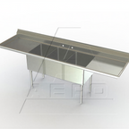 Thumbnail image #1 for AERO Manufacturing 3F3-3020-36LR Three-Compartment 304 Stainless Steel Sink, 135"W x 36"D x 14" Deep, Left/Right Drainboards