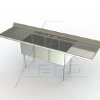 Thumbnail image #1 for AERO Manufacturing 3F3-2020-36LR 3-Compartment Sink, 135"W x 26"D x 39-1/2"H, 304 Stainless, Left/Right Drainboards