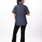 Thumbnail image #2 for Chef Works Detroit SHC03W-IBL-XL Women's Short-Sleeve Chef Shirt, Snap Front, Thermometer Pocket, Indigo Blue Denim, XL