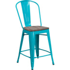 Thumbnail image #1 for Flash Furniture ET-3534-24-CB-WD-GG Counter-Height Metal Bar Stool with Cutout Back, Textured Wood Seat, Teal Blue Finish
