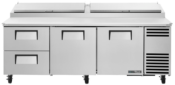 Product image #12 for True 93.5-Inch 2-Section Pizza Prep Table with 2 Drawers, 2 Doors, and White Poly Cutting Board