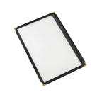Thumbnail image #1 for CAC China MCP1-58BK Vinyl Booklet Menu Cover, 1-Pocket, 8-1/2" x 5-1/2" Insert, Clear Double-Sided View, Brass Corners, Black Trim Case of 200