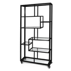 Thumbnail image #1 for Eastern Tabletop AC1763MB Mobile Stainless Steel Back Bar Display, Black, 7 Frosted Acrylic Shelves, Locking Casters, 35-1/2"W x 14"D x 73"H