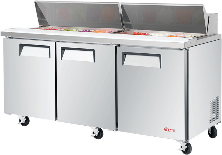 Product image #5 for Turbo Air E-Line Three Section Sandwich/Salad Refrigerated Prep Table, 72-5/8 Inch, 19 Cu. Ft., 3 Doors, Self-Contained