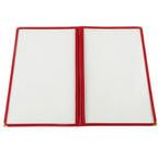 Thumbnail image #1 for CAC China MCP2-914RD 2-Pocket Vinyl Booklet Menu Cover, 8-1/2" x 14", Clear Double-Sided, Red Trim, Brass Corners Case of 100
