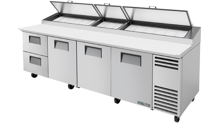 Product image #8 for True 119-1/4-Inch Pizza Prep Table with 3 Solid Doors, 2 Drawers and Alternate Top, R290 Self-Contained Refrigeration