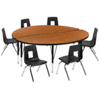 Thumbnail image #1 for Flash Furniture Emmy XU-GRP-14CH-A60-HCIRC-OAK-T-P-GG 60" Round Adjustable-Height Activity Table with 6 Stack Chairs, Oak/Black