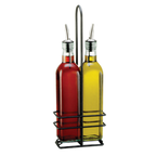 Thumbnail image #2 for TableCraft Products Prima H916NBK Popcorn Oil Bottle Set, 2 17 oz Square Green Glass Bottles with Pourers and Black Rack Case of 6