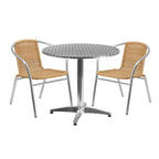 Thumbnail image #1 for Flash Furniture TLH-ALUM-32RD-020BGECHR2-GG Round Stainless Steel-Top Table and 2 Beige Rattan Stacking Chairs Set