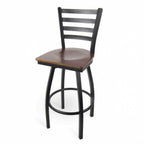 Thumbnail image #1 for JustChair Manufacturing M20130-SWL-BLK-VS Swivel Bar Stool, Ladder Back, Veneer Wood Seat, Powder-Coated Steel Frame