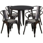Thumbnail image #1 for Flash Furniture CH-51090TH-4-18ARM-BQ-GG Round 30" Table and 4 Metal Arm Chairs, 29-1/2"H, Black/Antique Gold