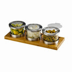 Thumbnail image #1 for Cal-Mil Bamboo 1850-4-60HL Cold Condiment Display, 3 x 16 oz Glass Jars, Stainless Hinged Lids, Base