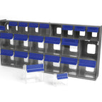 Thumbnail image #1 for Quantum QTB669GY 21-Compartment Tip-Out Bin, Clear Plastic Containers, Gray Polystyrene Cabinet, Blue Handles with Label Slots