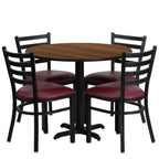 Thumbnail image #1 for Flash Furniture HDBF1008-GG Round Table and Chair Set, 36" Diameter x 30"H, Walnut, 4 Burgundy Vinyl Ladder-Back Chairs