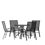 Thumbnail image #1 for Flash Furniture TLH-0702303C-GG 5-Piece Outdoor Patio Dining Set with 31.5-Inch Round Tempered Glass Table and 4 Black Stack Chairs