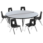 Thumbnail image #1 for Flash Furniture Emmy XU-GRP-14CH-A60-HCIRC-GY-T-P-GG Round Activity Table and 6 Stack Chair Set, 60" Diameter, Adjustable Height, Gray/Black