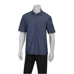 Thumbnail image #1 for Chef Works Detroit SKS002-IBL-XS Men's Utility Chef Shirt, Short Sleeve, 100% Cotton Denim, Indigo Blue, XS