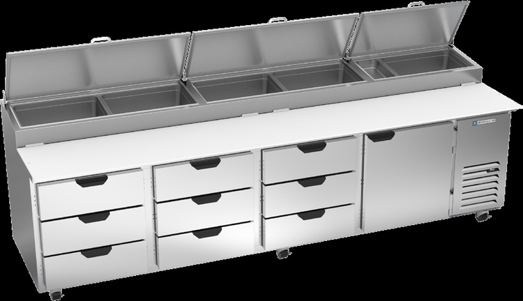 Product image #5 for Beverage-Air Four-Section Pizza Prep Table with 9 Drawers, 1 Door, and 19-Inch Cutting Board, 119-Inch