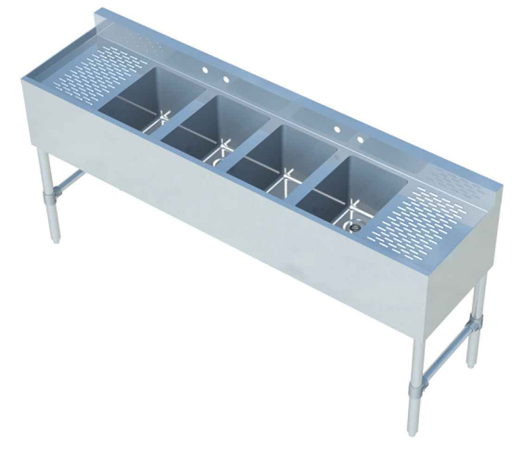 Product image #5 for Sapphire Manufacturing 4-Compartment Stainless Steel Underbar Sink with Left and Right Drainboards, 72 Inch Wide