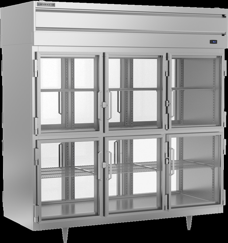 Product image #5 for Beverage-Air P-Series Three-Section Pass-Thru Reach-In Refrigerator with 12 Glass Half Doors, 73.99 Cu. Ft., Top-Mounted Self-Contained Refrigeration