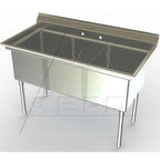 Thumbnail image #1 for AERO Manufacturing 3F3-2120 3-Compartment Stainless Steel Sink, 65-1/2"W, 20"W x 21"D x 14"D Compartments, 7"H Backsplash, No Drainboards