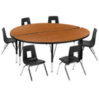 Thumbnail image #1 for Flash Furniture Emmy XU-GRP-12CH-A60-HCIRC-OAK-T-P-GG 60" Round Adjustable-Height Laminate Activity Table Set with 6 Stack Chairs, Oak/Black