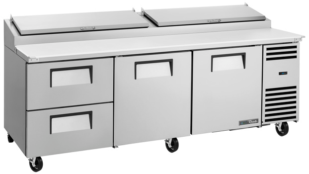 Product image #7 for True 93.5-Inch 2-Section Pizza Prep Table with 2 Drawers, 2 Doors, and White Poly Cutting Board
