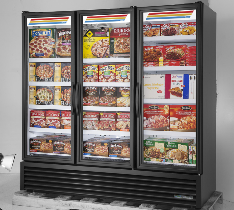Product image #5 for True Full-Length Three-Section Glass Door Freezer Merchandiser, -10°F, 12 Shelves