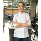 Thumbnail image #1 for Chef Works Hartford BCWLZ005-WHT-M Women's White Cotton/Poly Twill Chef Coat, Medium, Long Sleeve, Single-Breasted