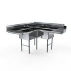Thumbnail image #1 for NBR Equipment SDT3C-202012L20 Three-Compartment Corner Dishtable, Right-Side Dish Machine, 18-Gauge 300 Series Stainless Steel