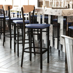 Thumbnail image #2 for Flash Furniture Wright XU-DG6V6BLV-NAT-GG Bar Stool, Blue Vinyl Upholstered Seat, Natural Birch Boomerang Back, Black Steel Frame